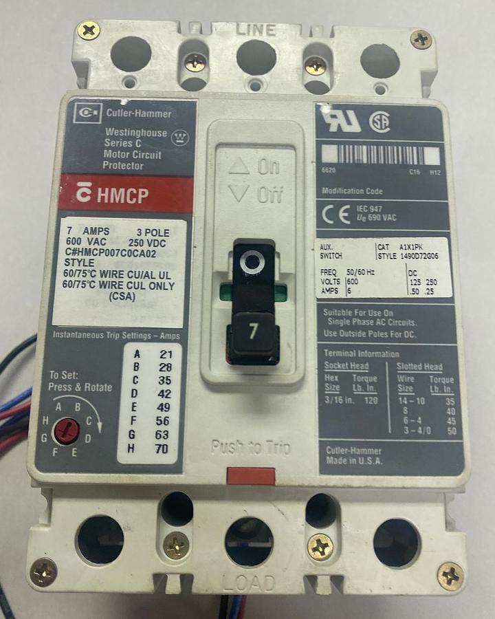 Used CUTLER HAMMER,HMCP007C0CA02,CIRCUIT BREAKER 7A 600V 3P