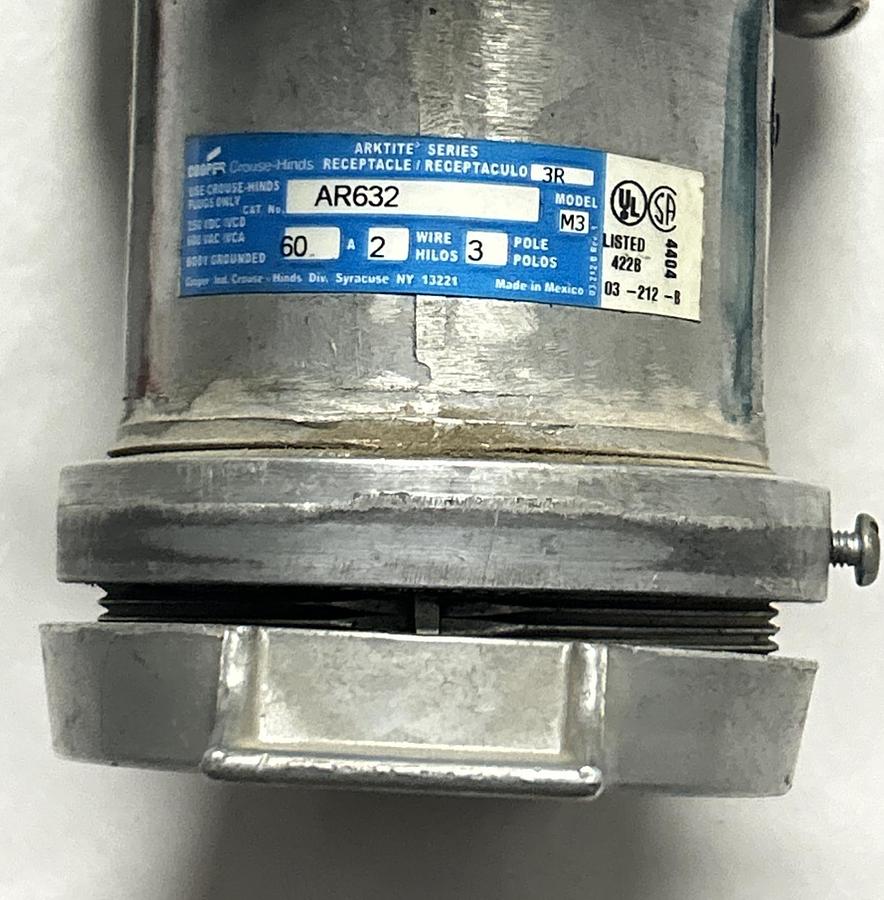 Used CROUSE HINDS,AR632,RECEPTACLE 60 AMP 3 POLE 2 WIRE