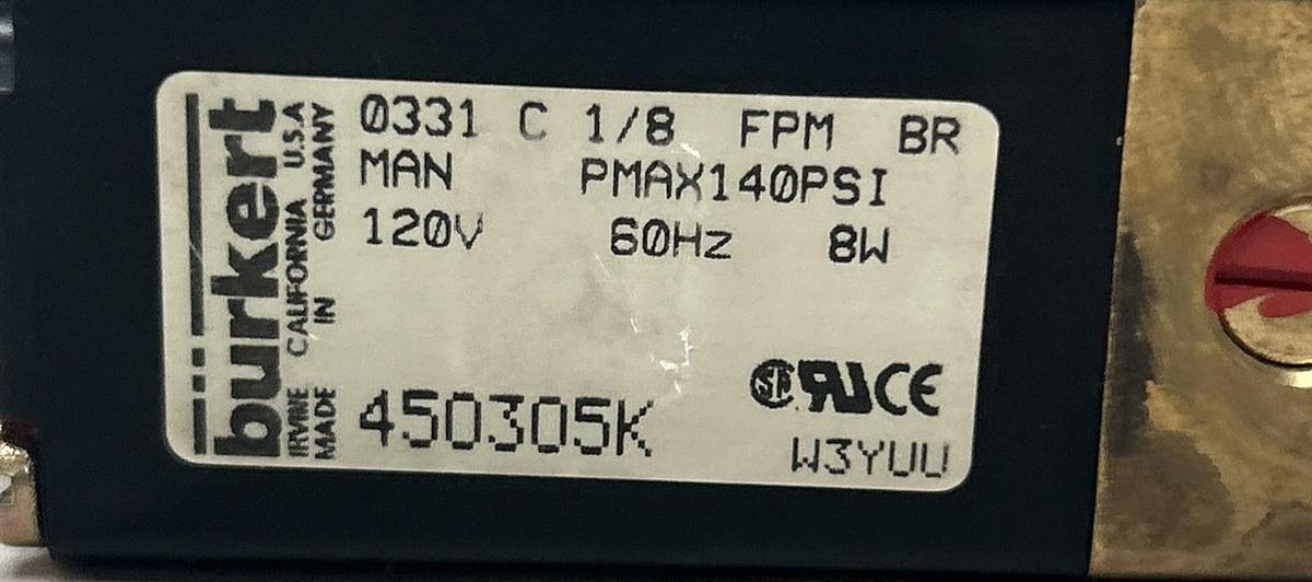 Used BURKERT,450305K,SOLENOID VALVE 120V 140PSI