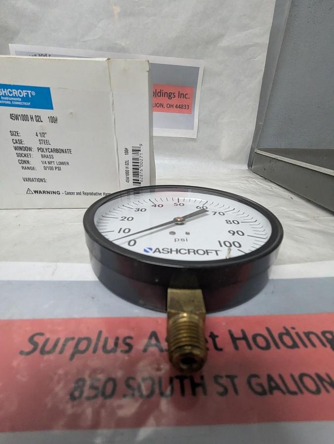 ASHCROFT,45W1000 H 02L,GAUGE 4-1/2 IN FACE 1/4 IN NPT BOTTOM CONNECTION 0-100PSI