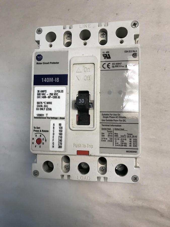 Used Allen Bradley,140M-I8P-C30S,Motor Circuit Protector 30AMP 600V