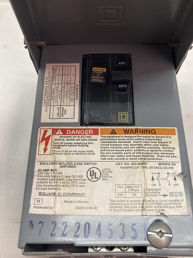 Used Square D,QO-200TR Series-G3,Circuit Breaker andEnclosure 60 Amp 240 VAC