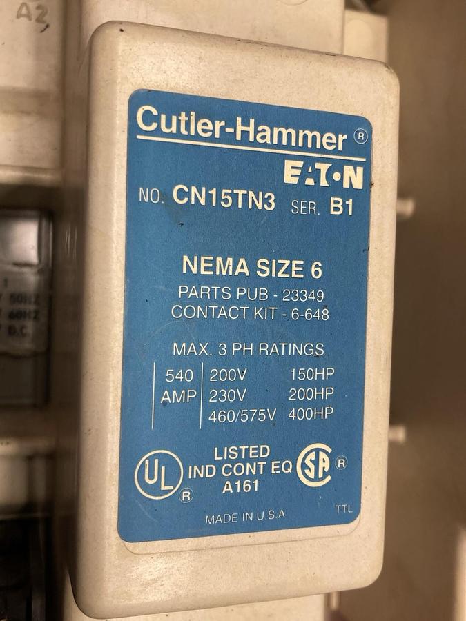 Cutler-Hammer,CN15TN3,NEMA Size 6 Contactor w/Eaton 42-3973 Current Transformer