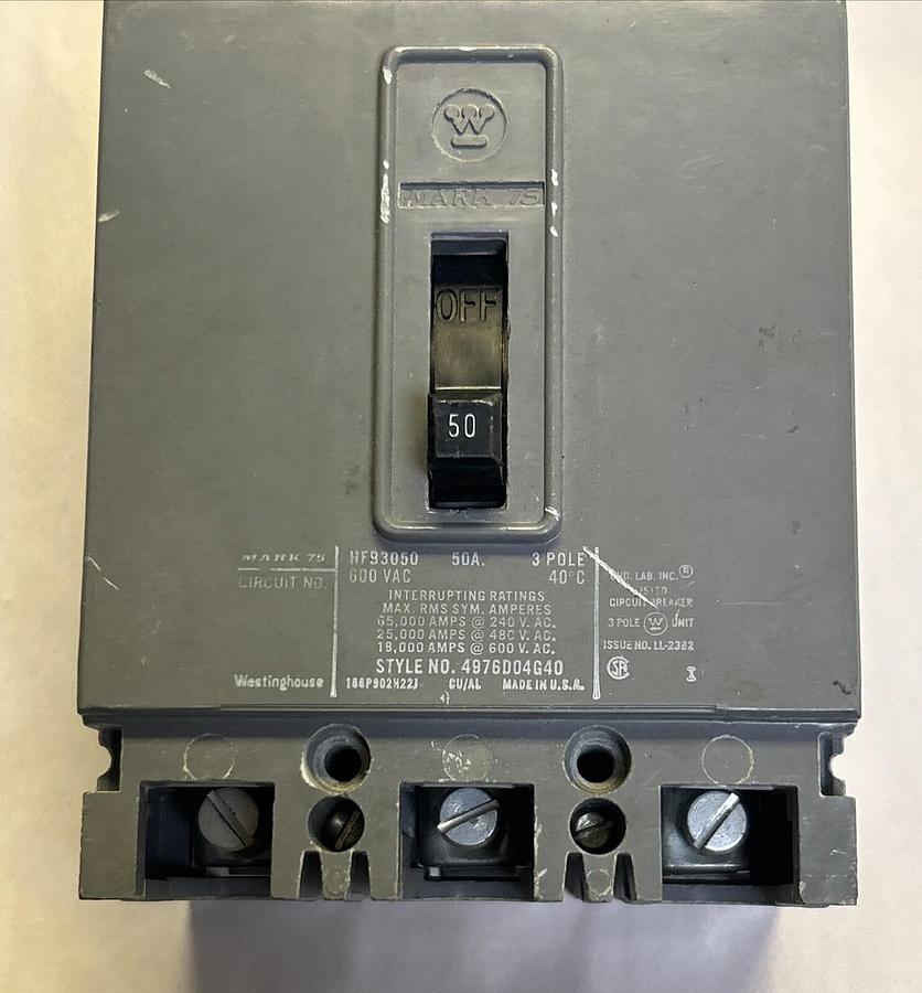 Used WESTINGHOUSE,HFB3050,CIRCUIT BREAKER 50A 600V 3P