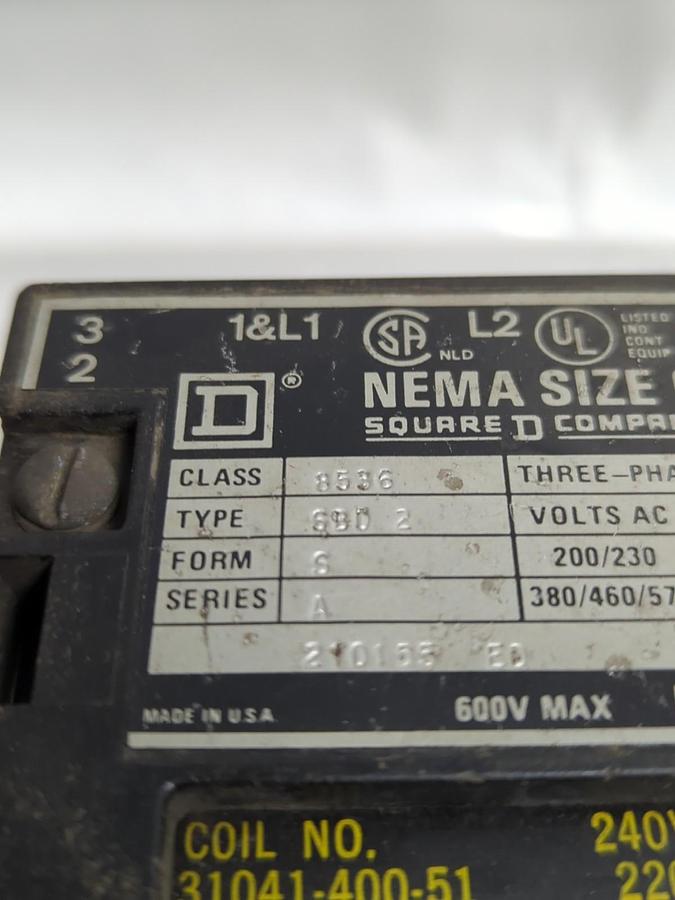 Used SQUARE D,8536-SB-2,MOTOR STARTER SIZE 0 PRE-OWNED