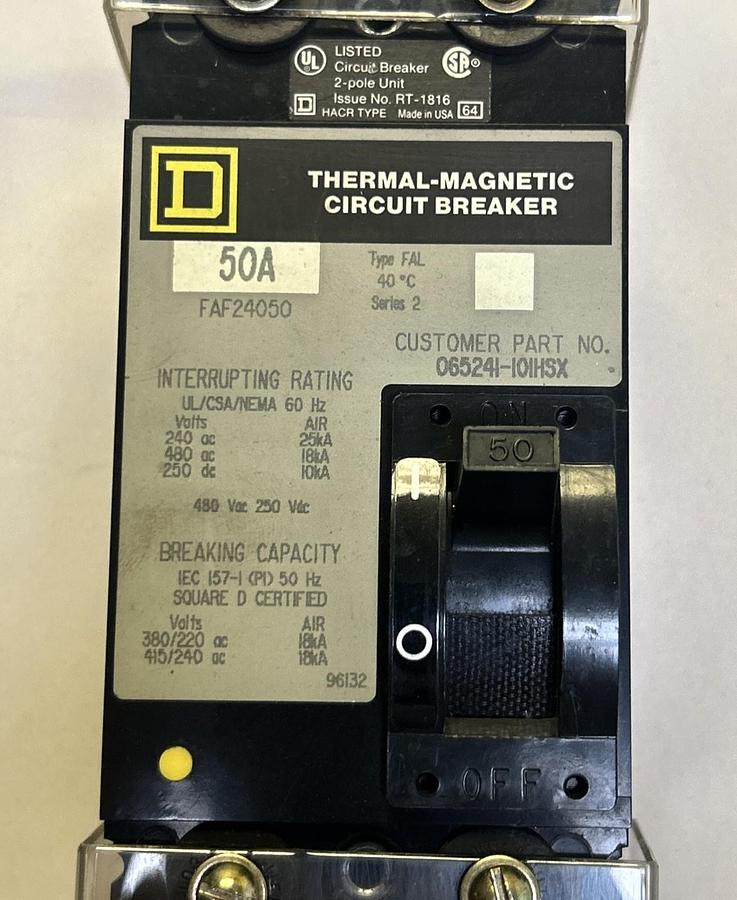 Used SQUARE D,FAF24050,CIRCUIT BREAKER 50A 480V 2P