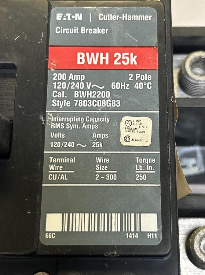 Used EATON CUTLER-HAMMER,BWH2200,CIRCUIT BREAKER 200A 120/240V 2P