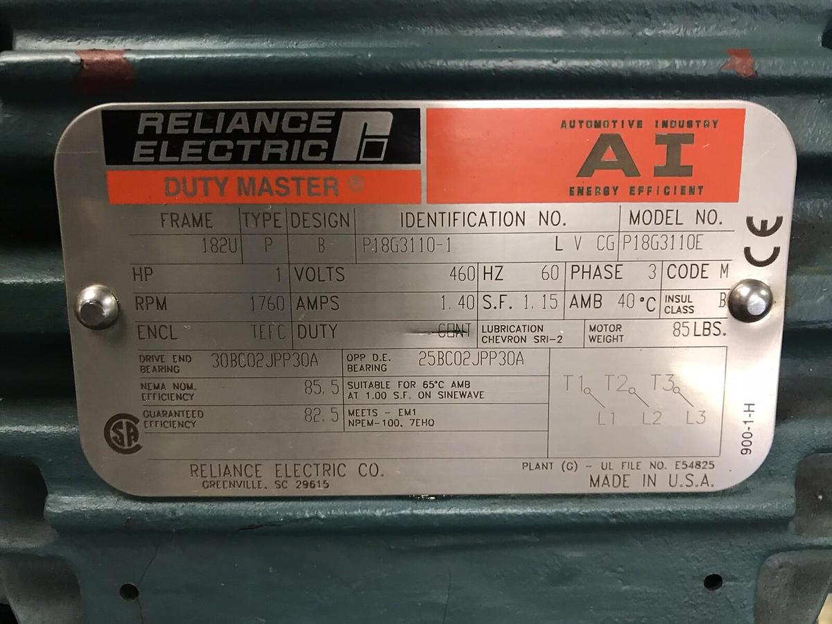Reliance,P18G3110E,AI Duty Master Motor 1HP 1760RPM 460V Frame 182U NOS