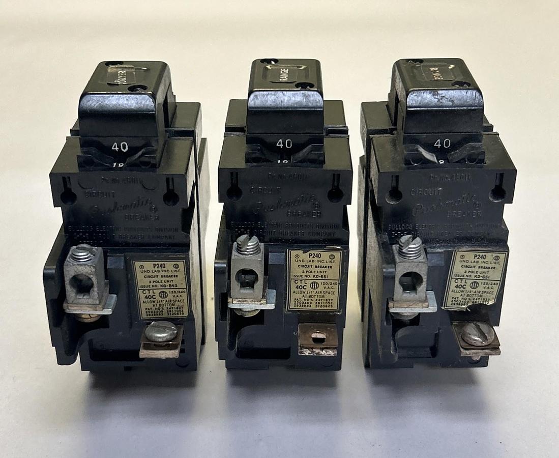 Used BULLDOG ELECTRIC,P240,PUSHMATIC CIRCUIT BREAKER 40A 120/240V 2P LOT OF 3