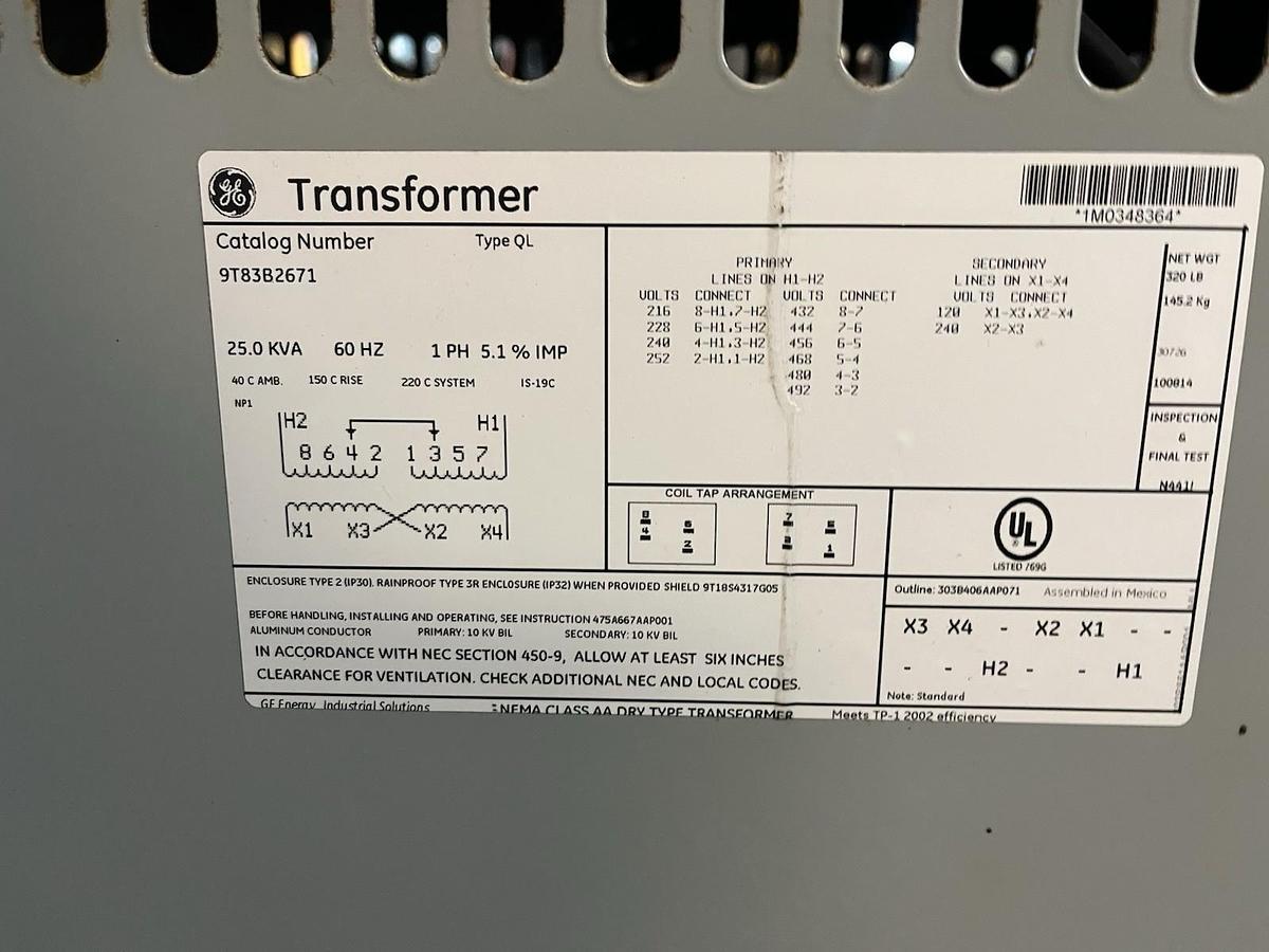 Used GE,9T8382671,TRANSFORMER 25KVA HV 480 LV 240/120V 1PH
