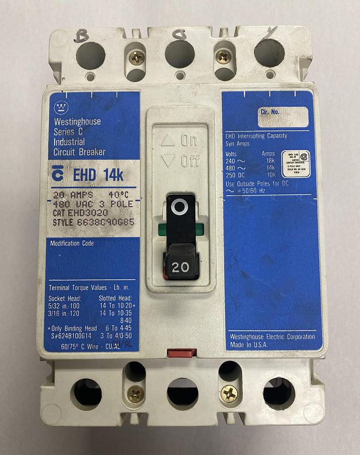 Used Westinghouse Cutler-Hammer,EHD3020,Circuit Breaker 20A 480V 3 Pole