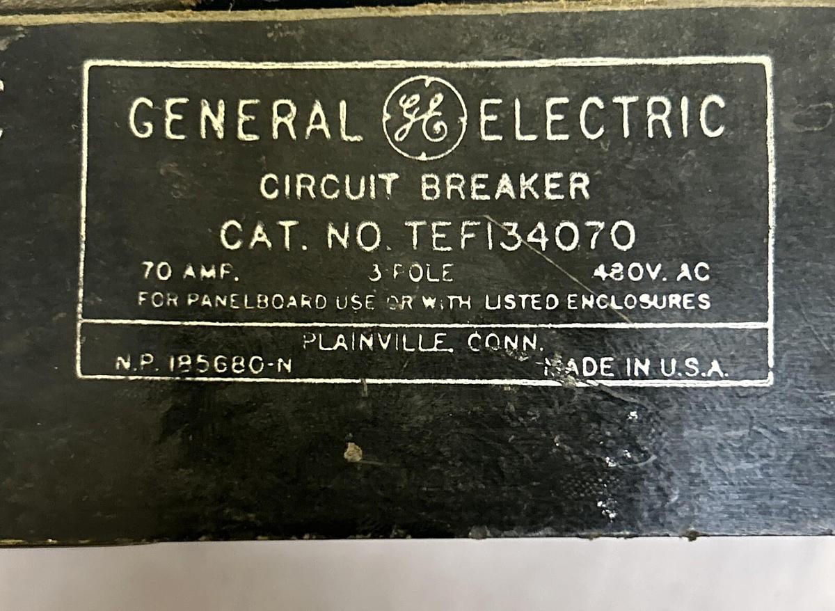 Used GENERAL ELECTRIC,TEF134070,CIRCUIT BREAKER 70A 480V 3P
