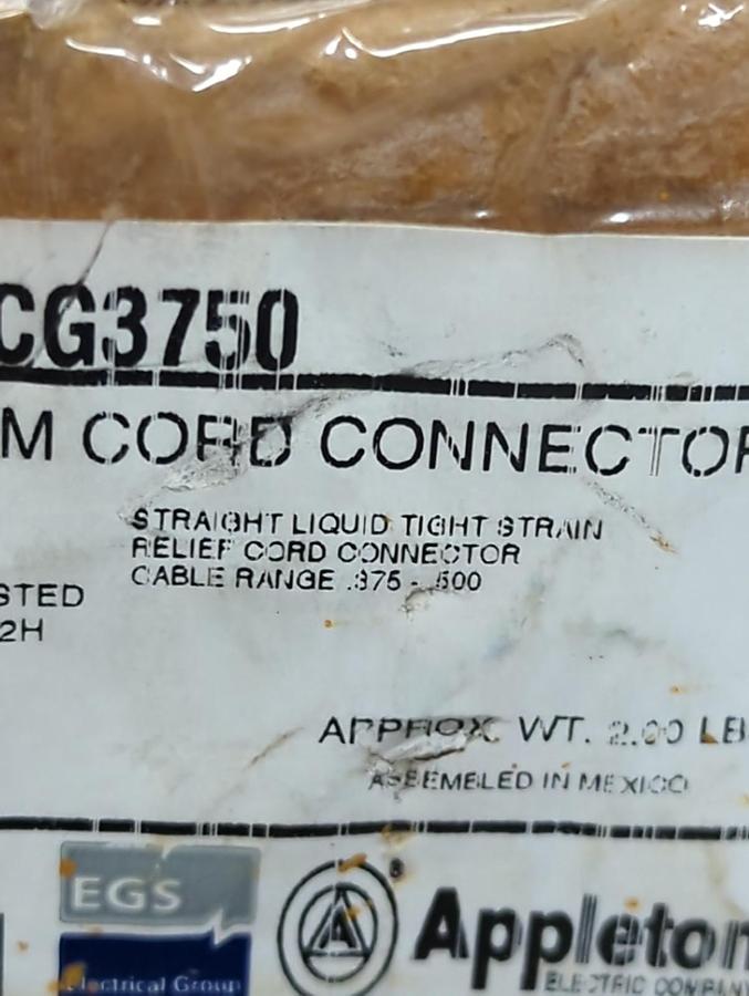 APPLETON,CG3750,ALUMMINUM CORD 1/2 INCH CONNECTORS BOX OF 25 NOS
