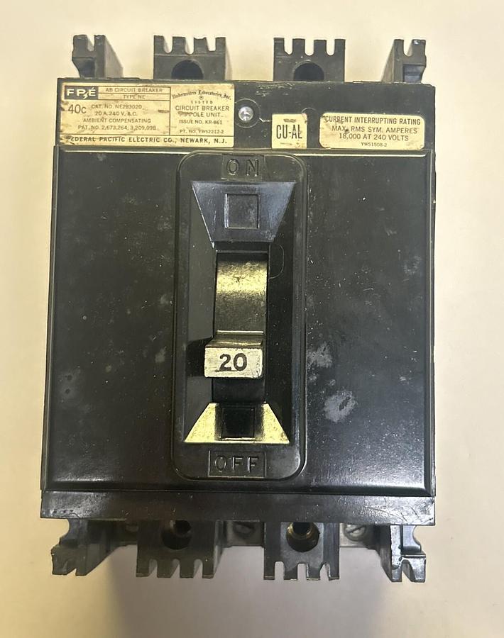 Used FEDERAL PACIFIC ELECTRIC,NE233020,CIRCUIT BREAKER 20A 240V 3P