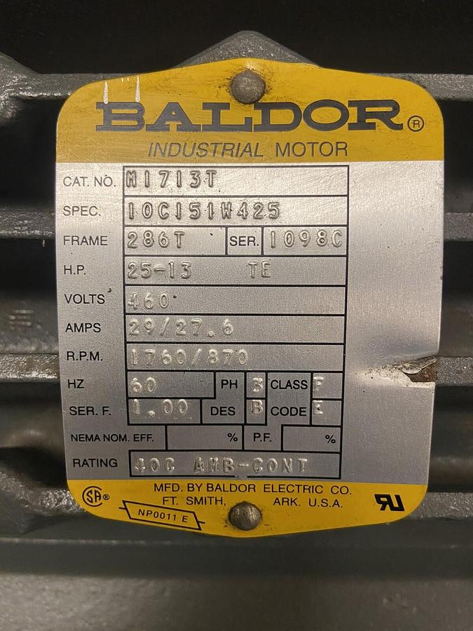 Used Baldor,M1713T,25/13Hp Motor 1760/870RPM 460V Frame 286T Refurbished
