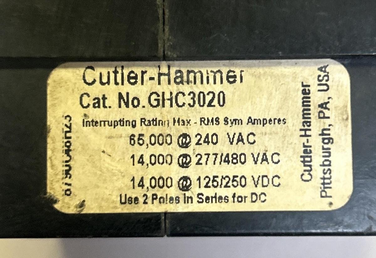 Used CUTLER-HAMMER,GHC3020,CIRCUIT BREAKER 20A 480V 3P