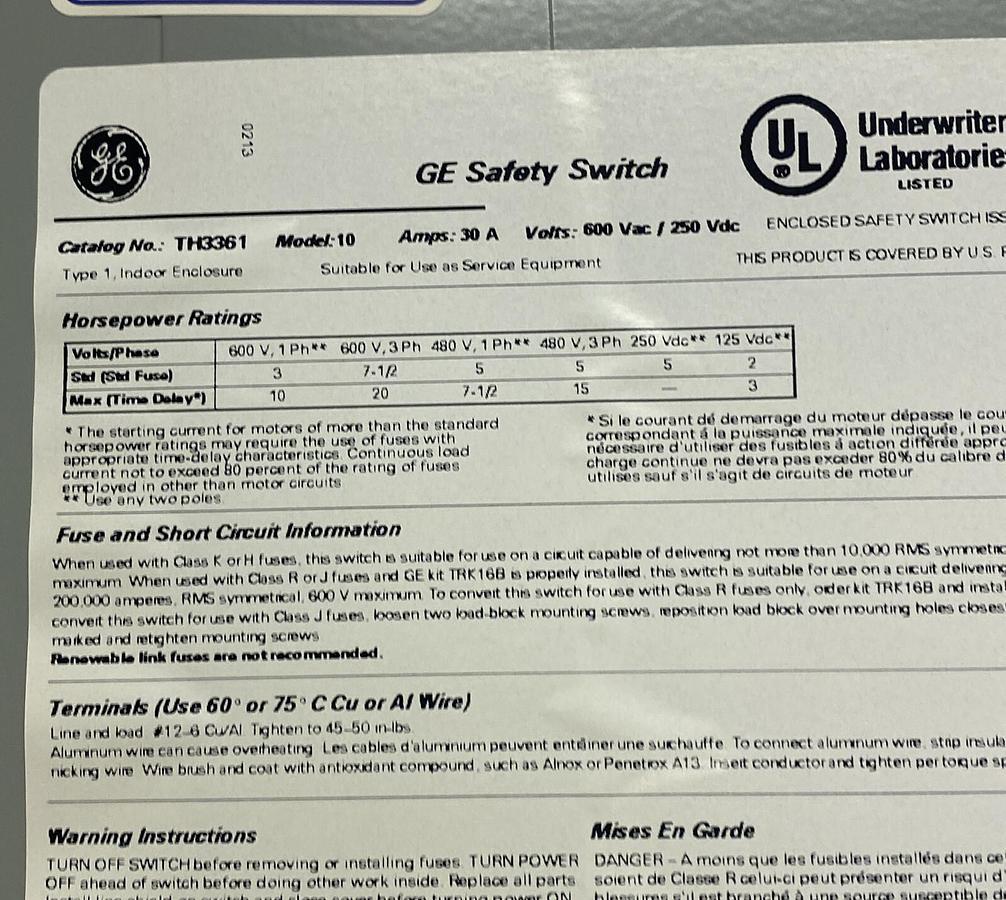GENERAL ELECTRIC,TH3361,FUSIBLE SAFETY SWITCH 30A 600V 3P NEW