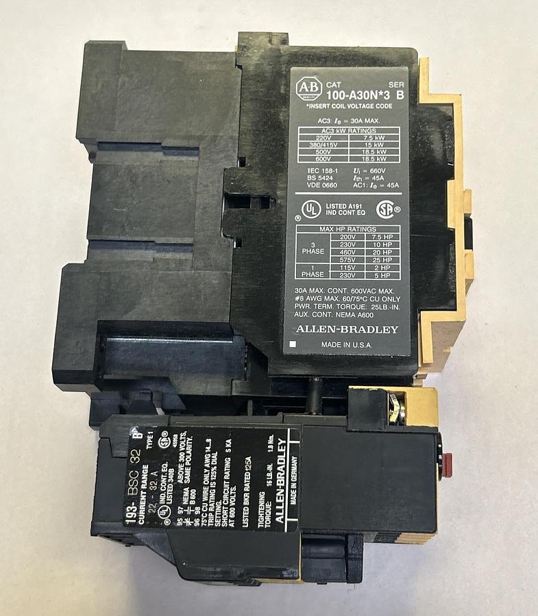 Used ALLEN BRADLEY,100-A30N*3,CONTACTOR W/ 193-BSC32 OVERLOAD RELAY