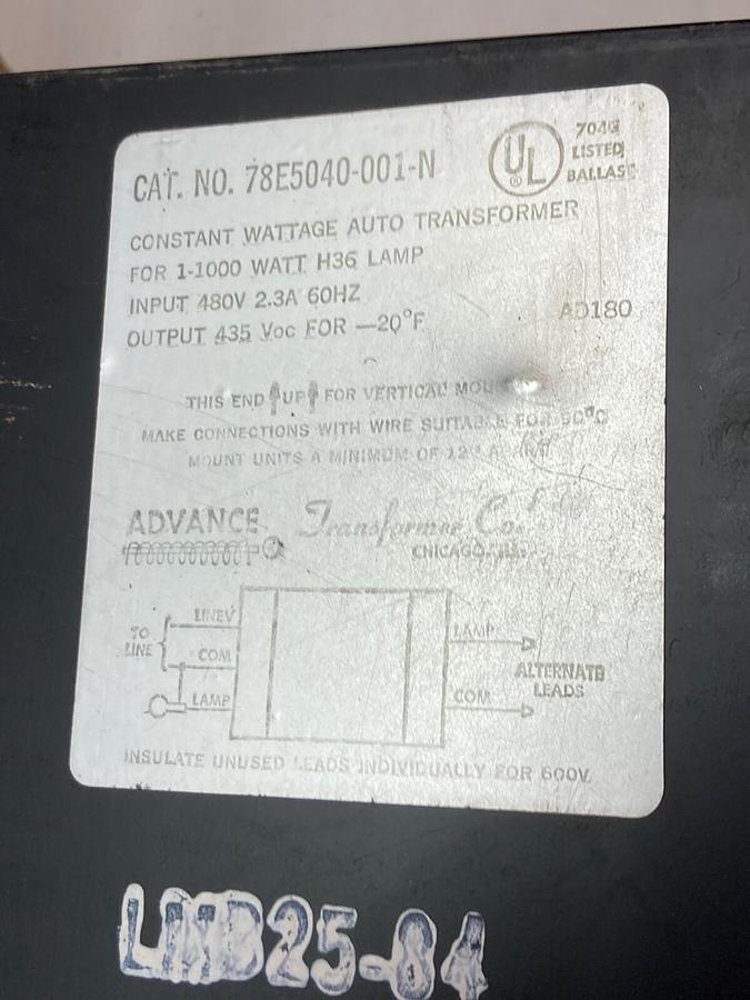 Used Advance,78E5040-001,Core/Coil Ballast 1-1000W H-36 480V