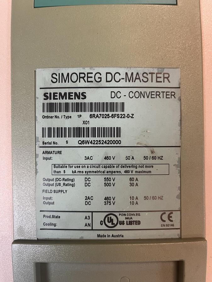 Used SIEMENS,6RA7025-6FS22-0-Z,SIMOREG DC CONVERTER DRIVE OUTPUT 550VDC 60A