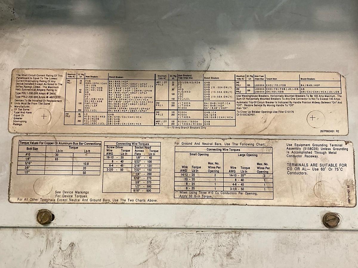 Used Eaton,PRL1,Pow-R-Line Panelboard 15A Breakers 480v MCC Bucket