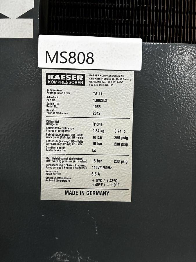 Used KAESER,TA-11,REFRIGERATED COMPRESSED AIR DRYER 44CFM 16 BAR 115V 1PH