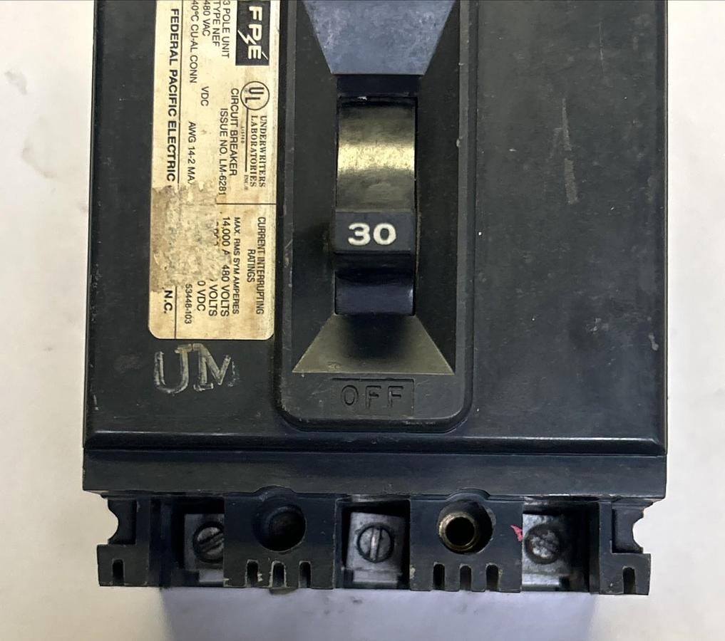 Used FEDERAL PACIFIC,NEF330,CIRCUIT BREAKER 30A 480V 3P