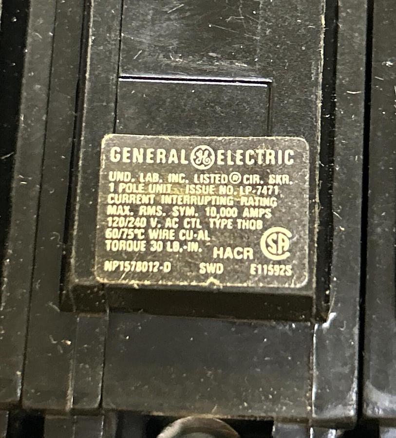 Used GENERAL ELECTRIC,HACR,CIRCUIT BREAKER 20A 120/240V 1P LOT OF 10