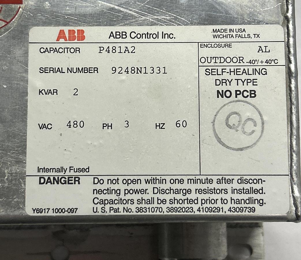 Used ABB,P481A2,CAPACITOR 2KVAR 480V 3PH 60HZ