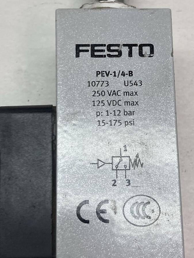 Used Festo,PEV-1/4-B,Pressure Switch 250VAC Max 125VDC 15-175 psi