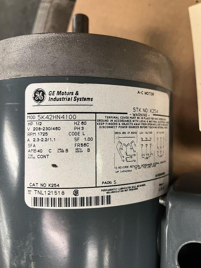 Used GE,K254,AC MOTOR 1/2HP 1725RPM 56C 3PH 5K42HN4100