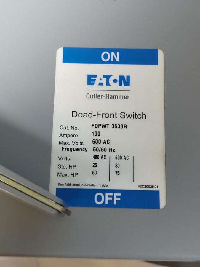 CUTLER HAMMER,FDPWT 3633R,DEAD FRONT TWIN SWITCH 100 AMP 600 VAC NOS