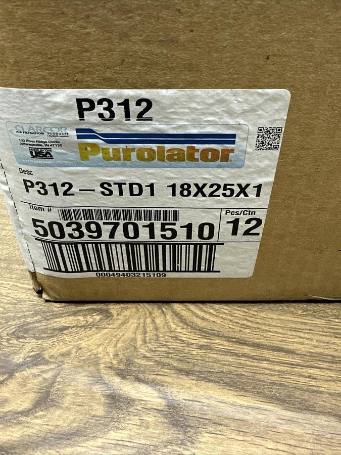 Purolator,P312-STD1 18X25X1,Air Filter box of 12