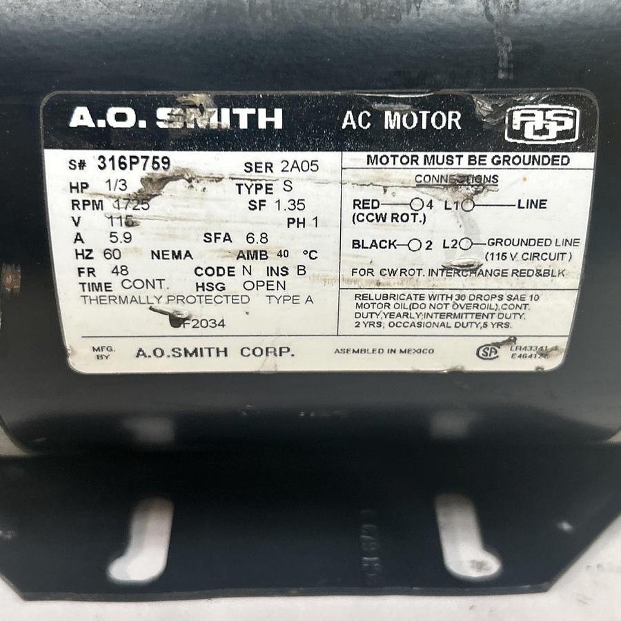 Used AO SMITH,316P759,AC MOTOR 1/3HP 115V 1725RPM 1PH 48 FRAME