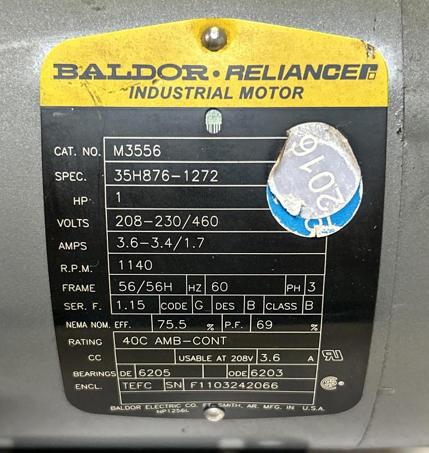 Used BALDOR,M3556,INDUSTRIAL MOTOR 1HP 1140RPM 208-230/460V 3PH 56/56H FRAME