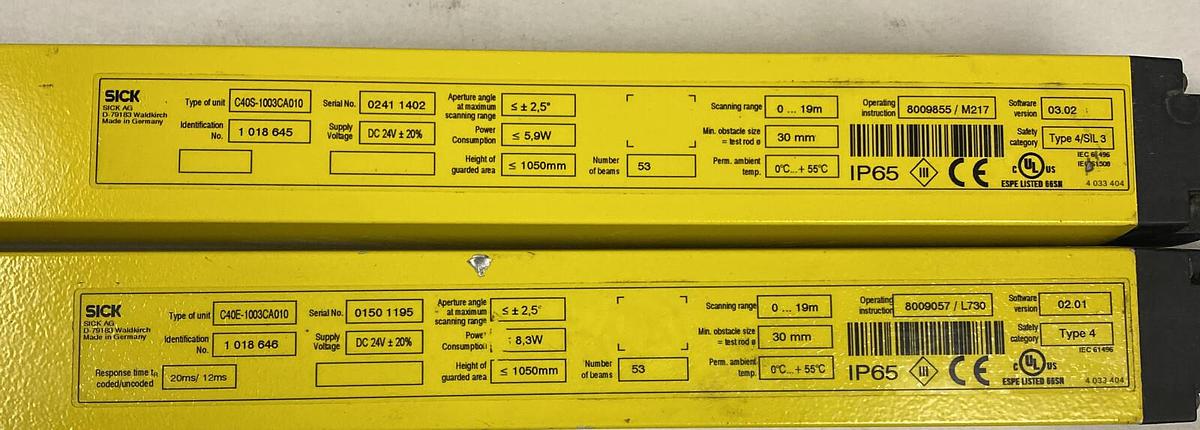 Used Sick,C40E-1003CA010,Emitter C40S-1003CA010 Sender Light Curtain Set