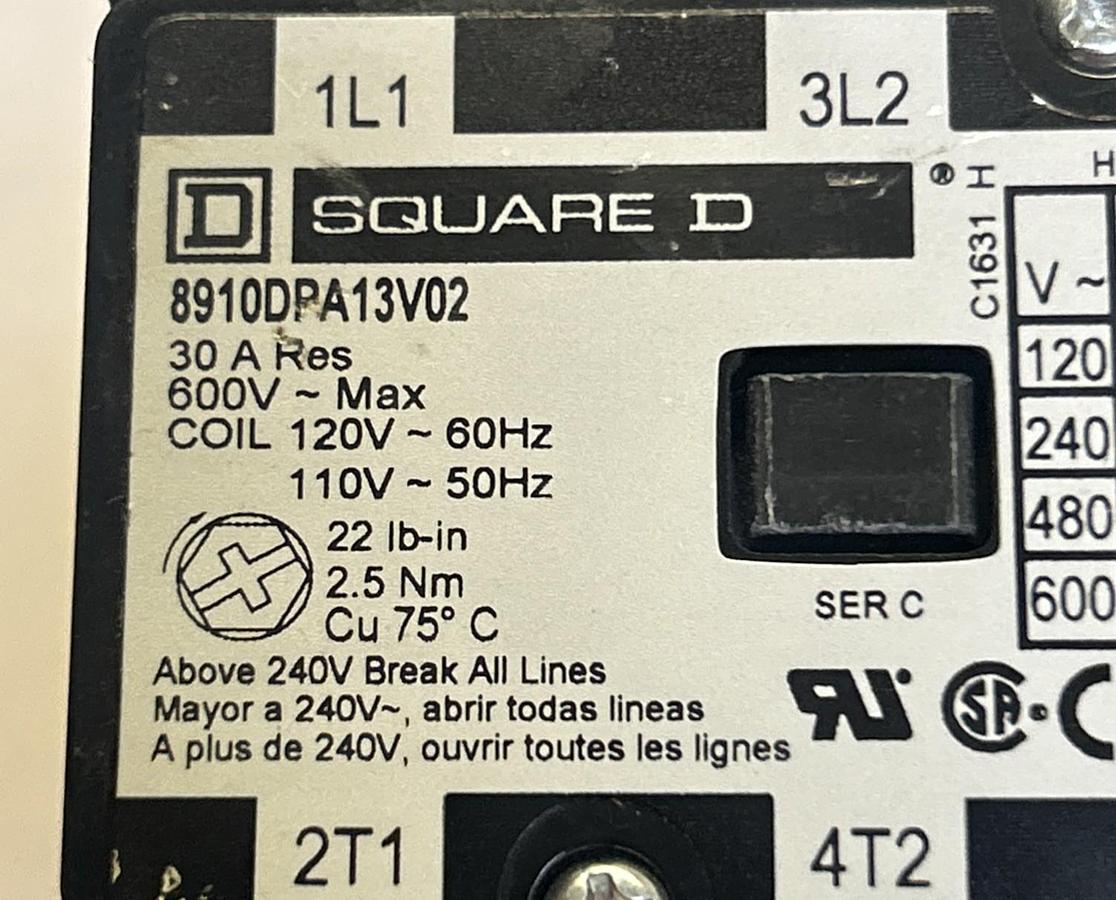 Used SQUARE D,8910DPA13V02,DEFINITE PURPOSE CONTACTOR