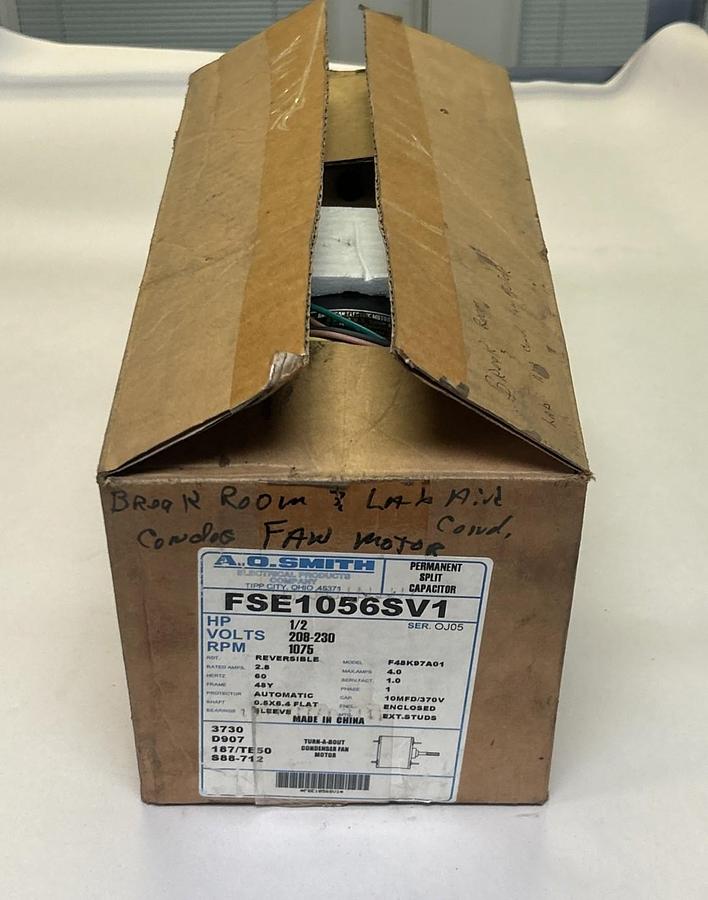 AO SMITH,FSE1056SV1,CONDENSER FAN MOTOR 1/2HP 208-230V 1075RPM 1PH 48Y FRAME