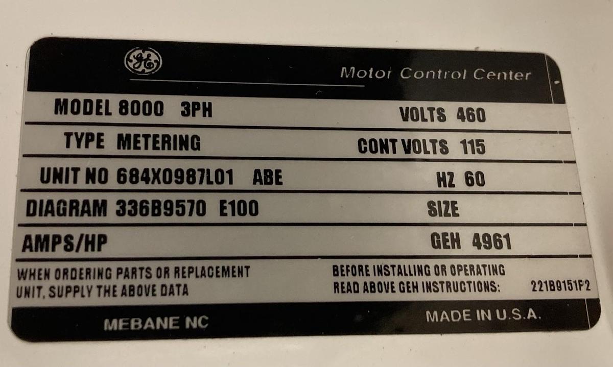 Used GE Evolution,PLE3PNLFG,MCC Bucket 60Hz 480V