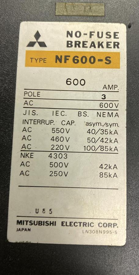 Used MITSUBISHI,NF600-S,NO-FUSE CIRCUIT BREAKER 600A 600V 3 POLE