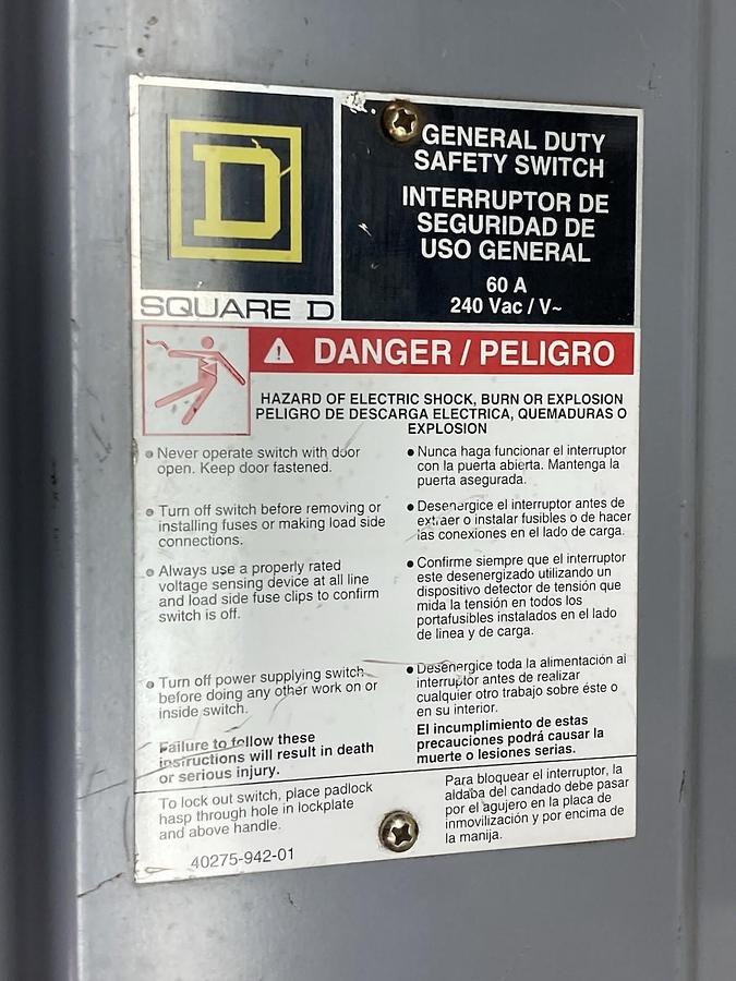 Square D,D222N,Fusible Safety Switch 60A 240vac