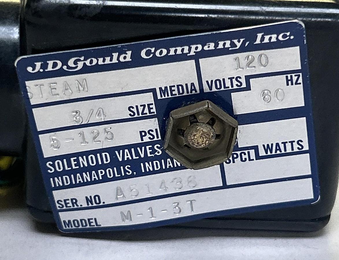 J.D GOULD,M-1-3T,SOLENOID VALVE 3/4 INCH 120V NOS