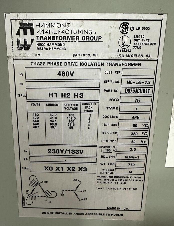 Used Hammond,DO75JCUB1T,75 KVA Transformer HV 460V- LV 230Y/133V 3PH