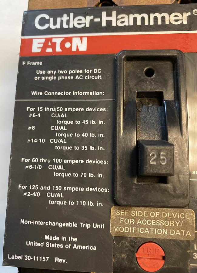 Used Cutler-Hammer,FS360025,Circuit Breaker 25AMP 600V 3 Pole