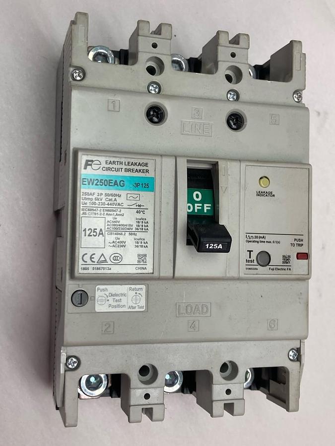 Used Fuji Electric,EW250EAG,3-Phase Earth Leakage Circuit Breaker 125A 100-230-440V