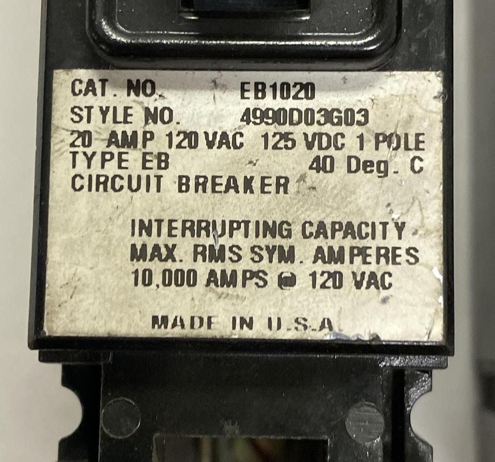 Used WESTINGHOUSE,EB1020,CIRCUIT BREAKER 20A 120V 1P LOT OF 2