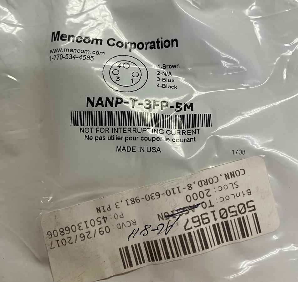 Used MENCOM,NANP-T-3FP-5M,CORDSET NEW