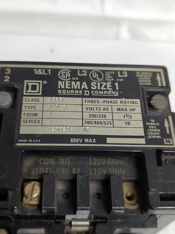 Used SQUARE D,8536-SC03,CONTACTOR SERIES A SIZE 1 PRE-OWNED