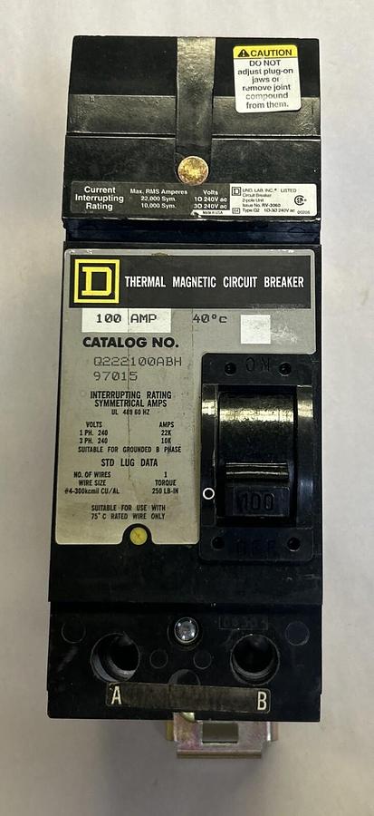 Used SQUARE D,Q222100ABH,I-LINE CIRCUIT BREAKER 100A 240V 2P