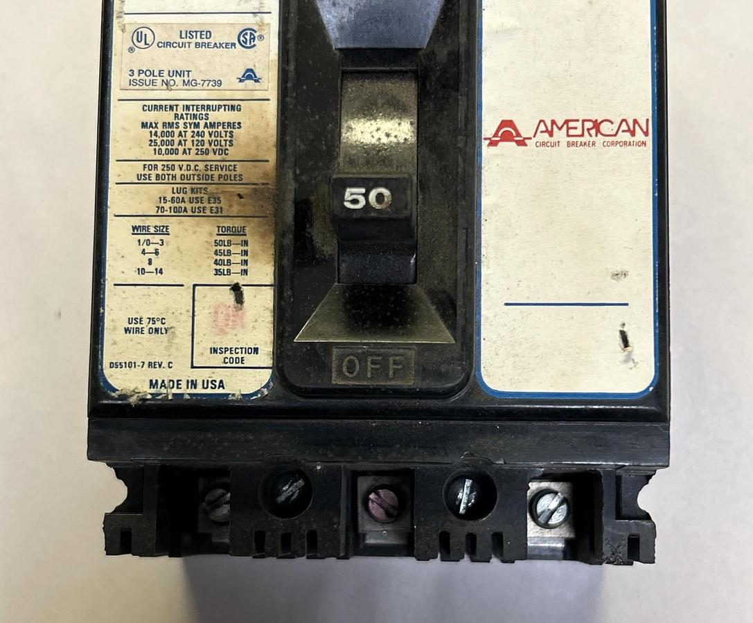 Used AMERICAN,NE331050,CIRCUIT BREAKER 50A 240V 3P